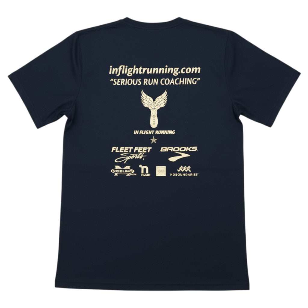 In Flight Running black polyester men's t-shirt with winged runners logo and sponsor logos.