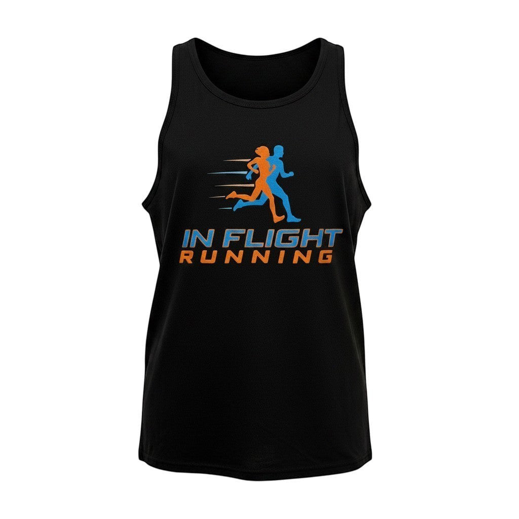 In Flight Running black tri-blend men's running tank with graphic of two runners and text logo.