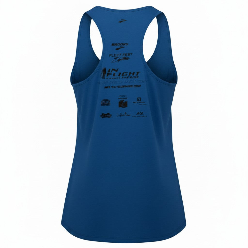 In Flight Running blue 100% polyester men's running tank with sponsor logos on back.