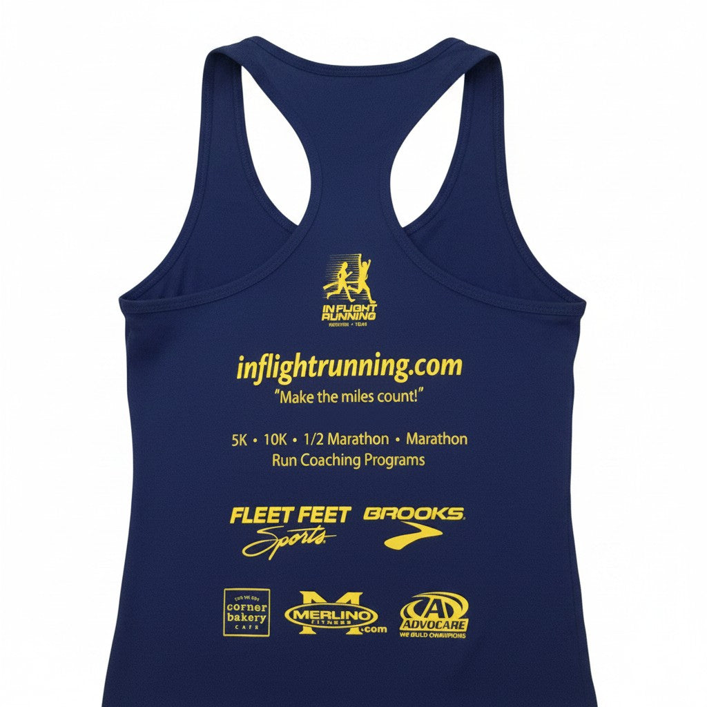In Flight Running blue racerback tank top with "Disintegrating Runner" design and sponsor logos on back. Moisture-wicking cotton-poly blend.