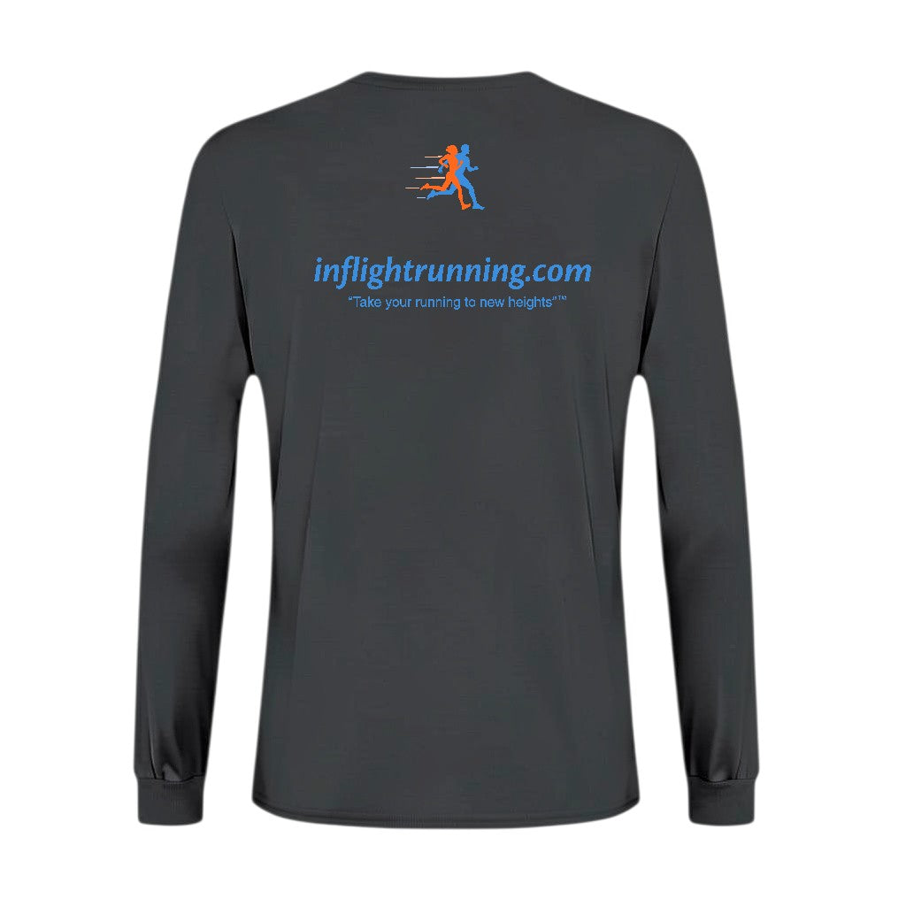 In Flight Running men's long sleeve performance t-shirt in heather grey, made of snag-resistant polyester jersey.