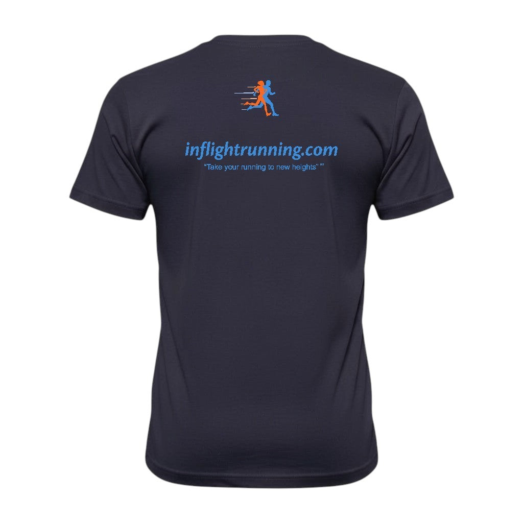 In Flight Running men's dark navy heathered polyester short-sleeve running t-shirt with crew neck.