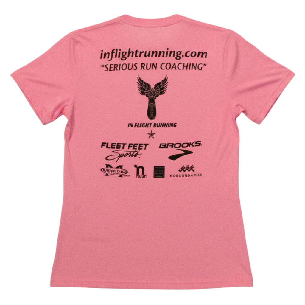 In Flight Running pink polyester women's t-shirt with winged logo and sponsor logos on back.
