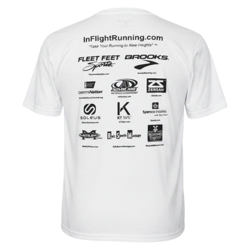 In Flight Running white 100% polyester men's moisture-wicking running t-shirt with Houston skyline graphic.