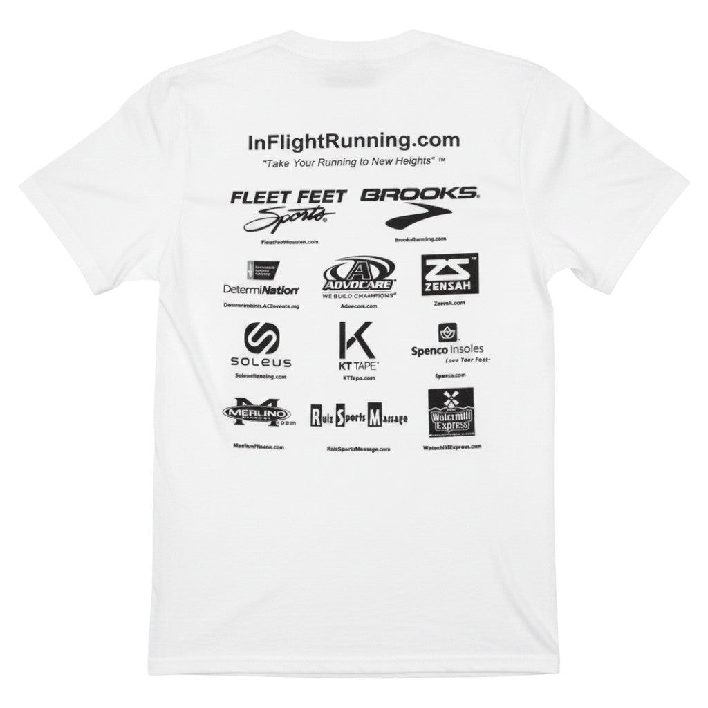 In Flight Running white polyester moisture-wicking women's running t-shirt with sponsor logos on back.