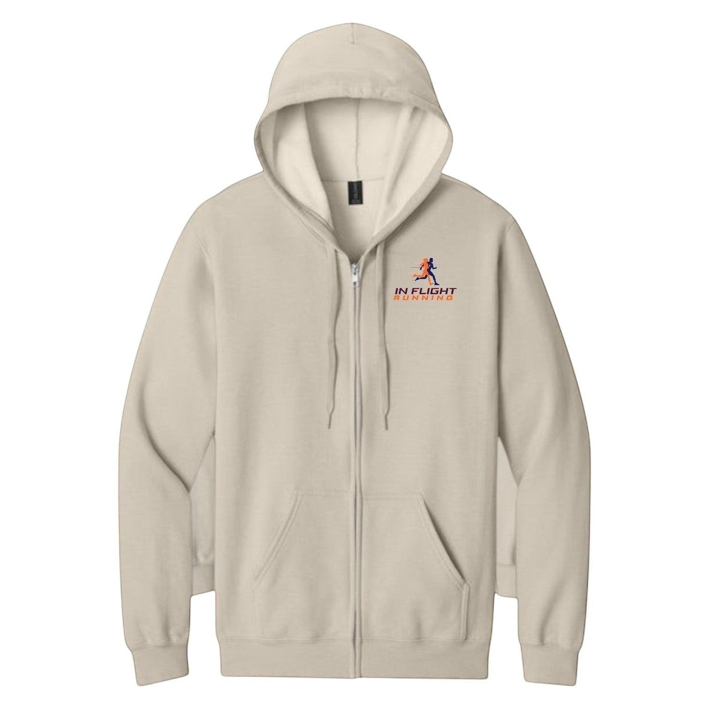 In Flight Running beige fleece full-zip hoodie with a jersey-lined hood and front pouch pockets.
