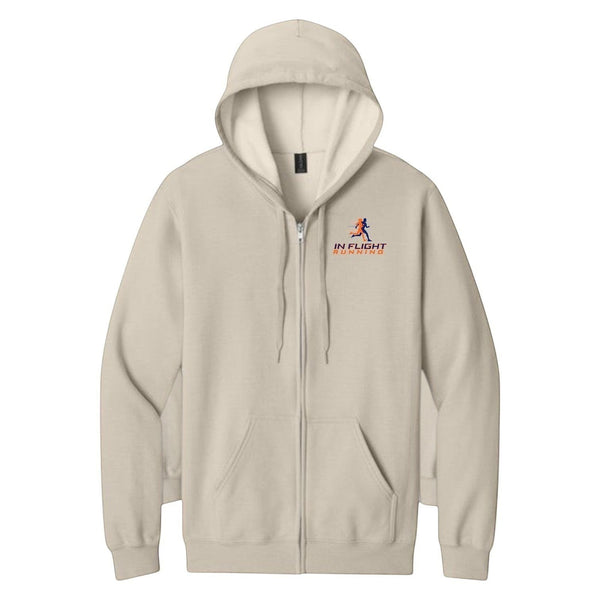 In Flight Running beige fleece full-zip hoodie with a jersey-lined hood and front pouch pockets.