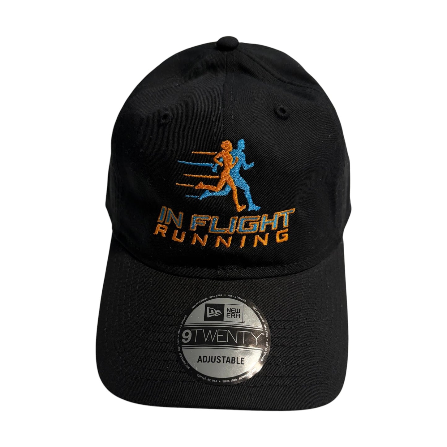 In Flight Running black unstructured cotton cap with embroidered logo and adjustable strap.