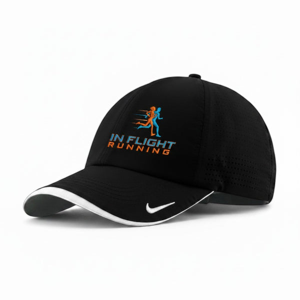 Black Nike Dri-FIT running cap with perforated panels and In Flight Running logo. White bill trim.
