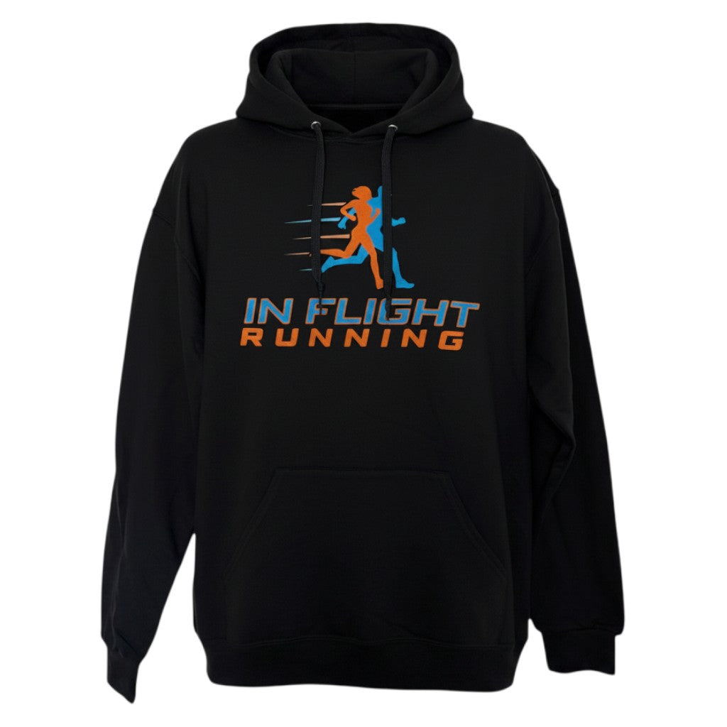 In Flight Running black cotton/poly blend fleece hoodie with graphic logo on front. Moisture-wicking and wrinkle-release.