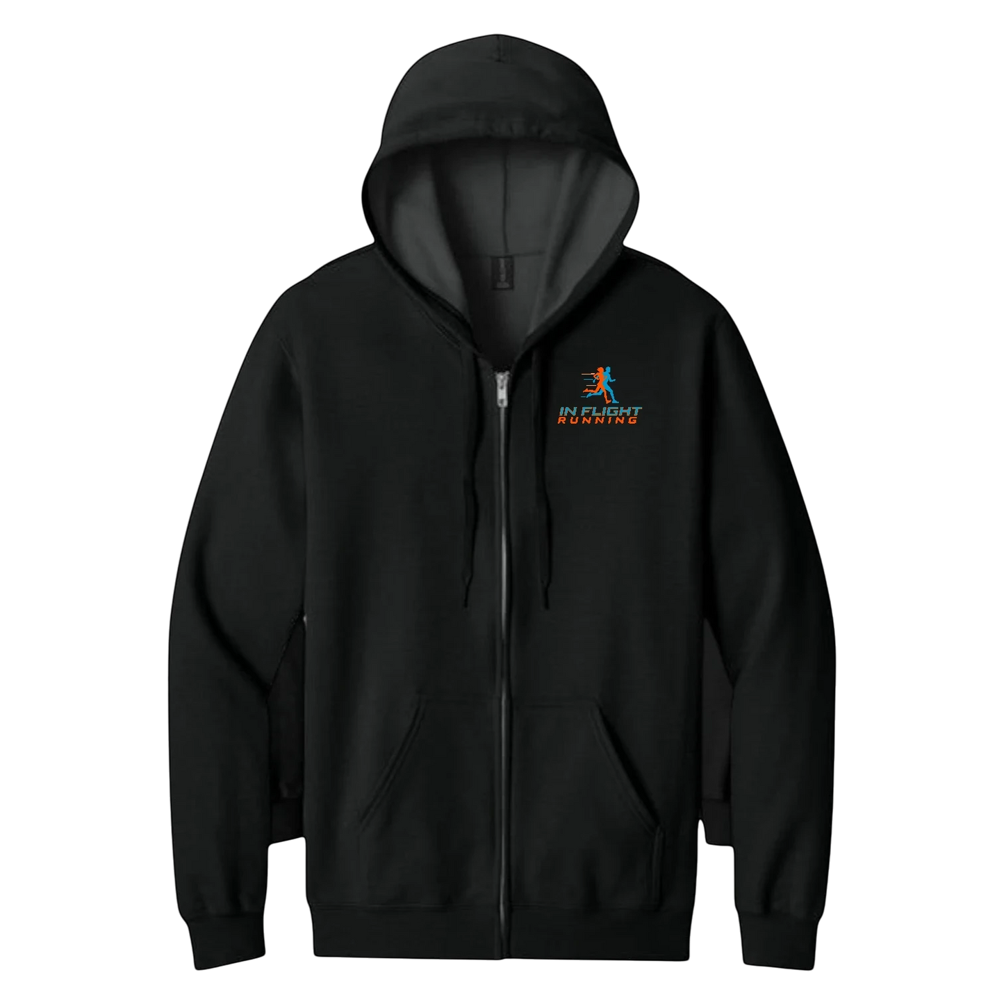 In Flight Running black full-zip hoodie with fleece interior and front pouch pockets. Features a jersey-lined hood and logo.
