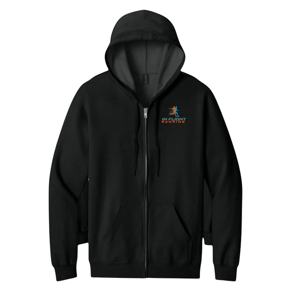 In Flight Running black full-zip hoodie with fleece interior and front pouch pockets. Features a jersey-lined hood and logo.