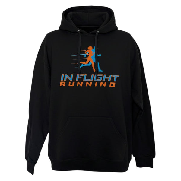 In Flight Running black cotton/poly blend fleece hoodie with graphic logo on front. Moisture-wicking and wrinkle-release.