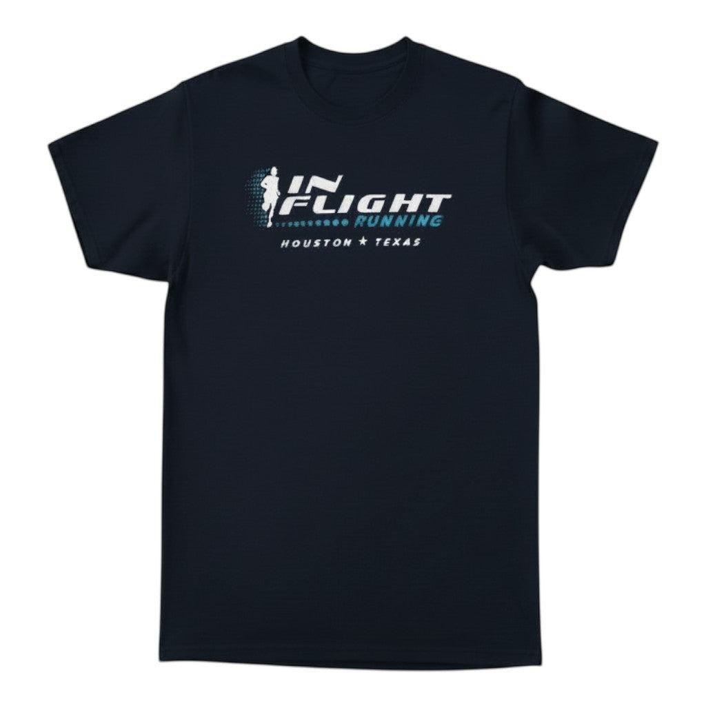In Flight Running black cotton-poly blend t-shirt with original logo and Houston Texas text.