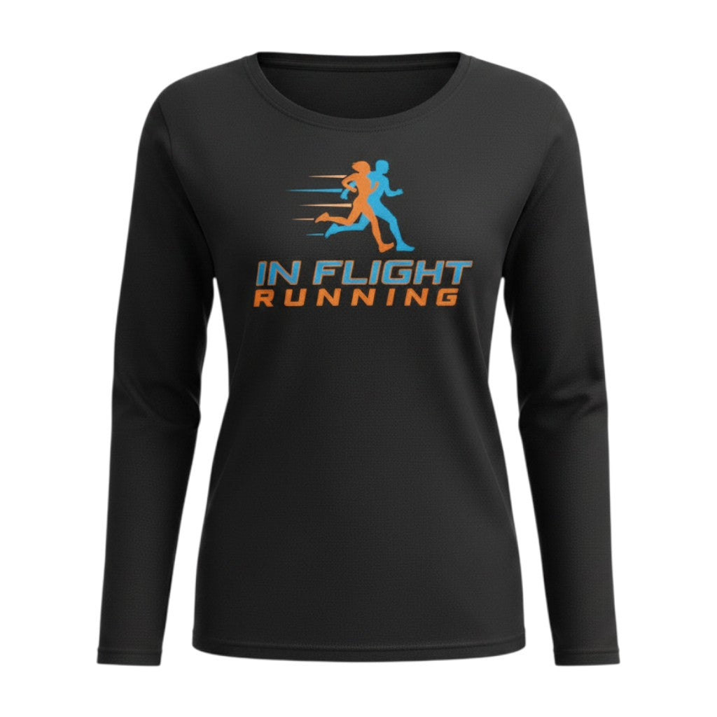 In Flight Running black long sleeve performance shirt with UV protection and moisture-wicking. Features orange and blue running figures.