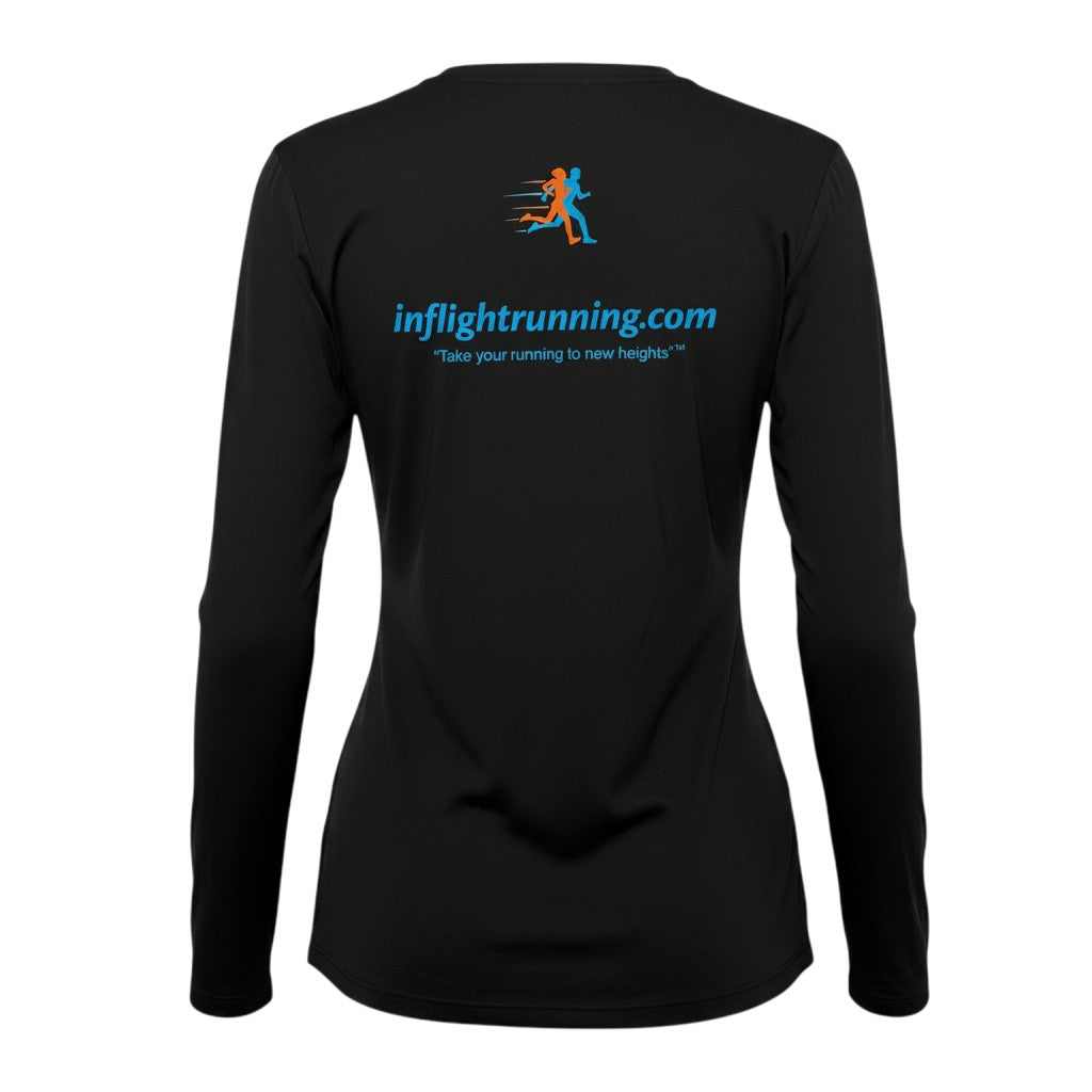 In Flight Running black long sleeve polyester shirt with UV protection and moisture-wicking. Features In Flight Running logo and tagline on back.