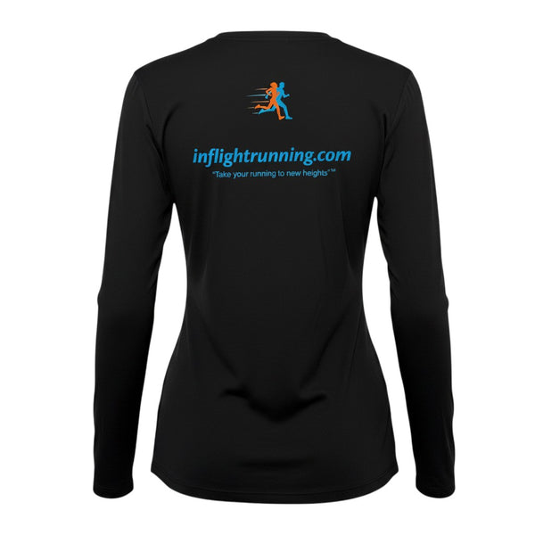 In Flight Running black long sleeve polyester shirt with UV protection and moisture-wicking. Features In Flight Running logo and tagline on back.