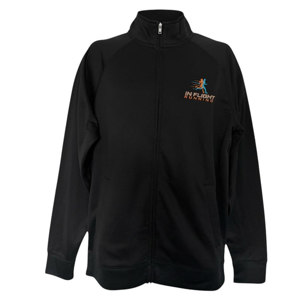 In Flight Running black polyester fleece track jacket with embroidered logo on chest and contrasting sleeve stripes.