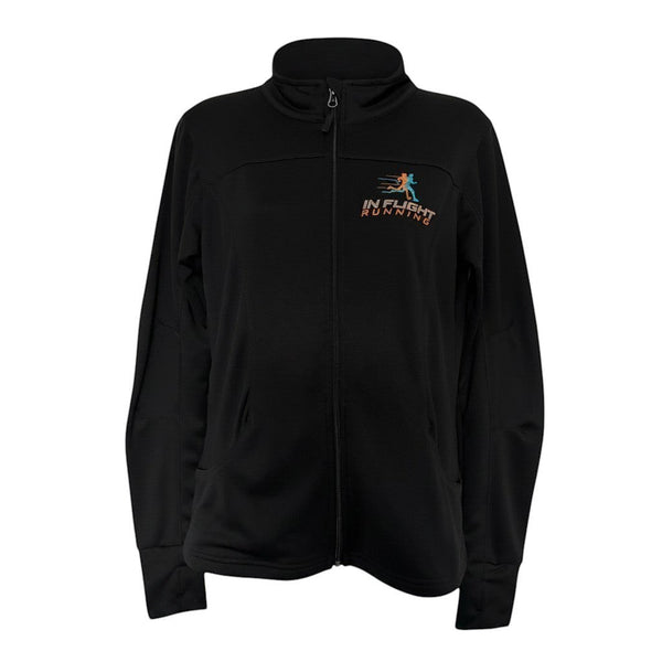 In Flight Running black polyester fleece track jacket with embroidered logo, full-zip front, and thumbholes.