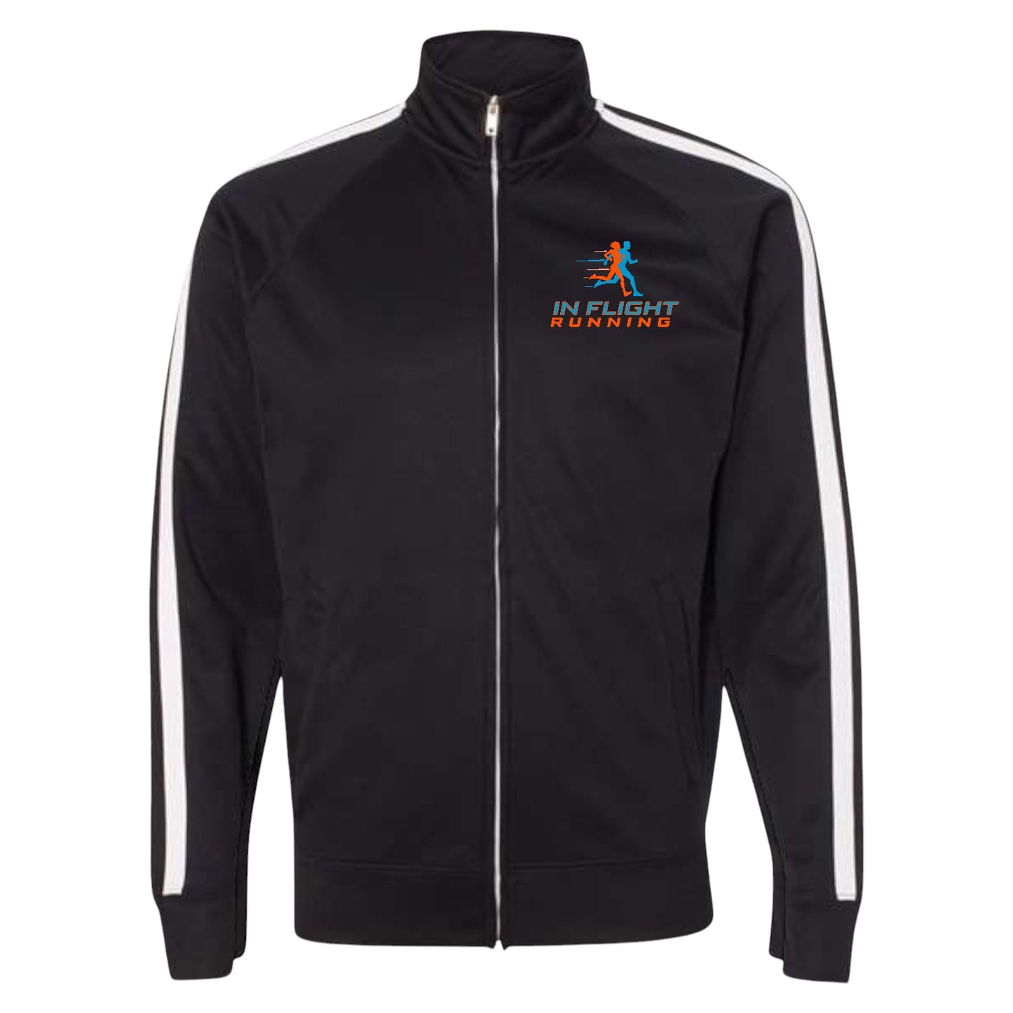 In Flight Running black polyester fleece track jacket with white sleeve stripes and embroidered logo.