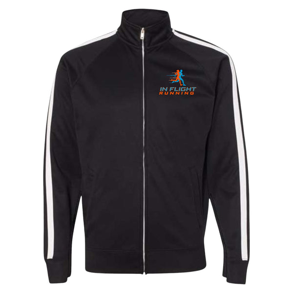 In Flight Running black polyester fleece track jacket with white sleeve stripes and embroidered logo.