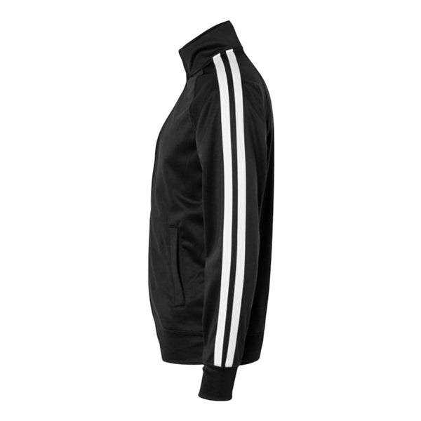 In Flight Running black polyester track jacket with white sleeve stripes and embroidered logo on chest.