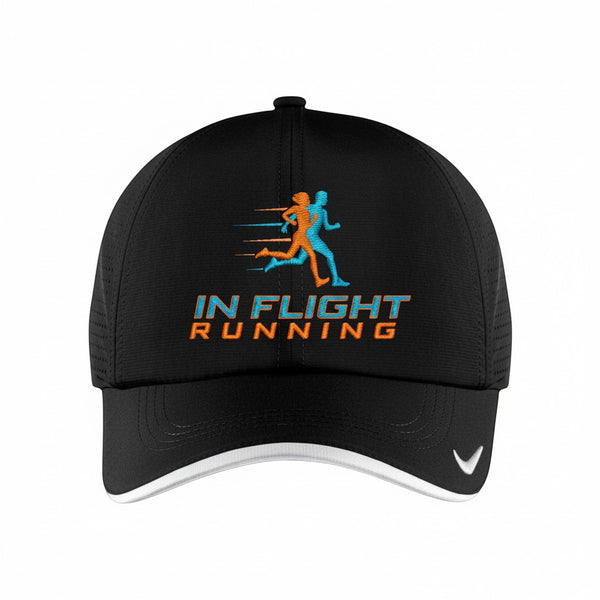 In Flight Running black polyester running cap with orange and blue runner logo and white trim.