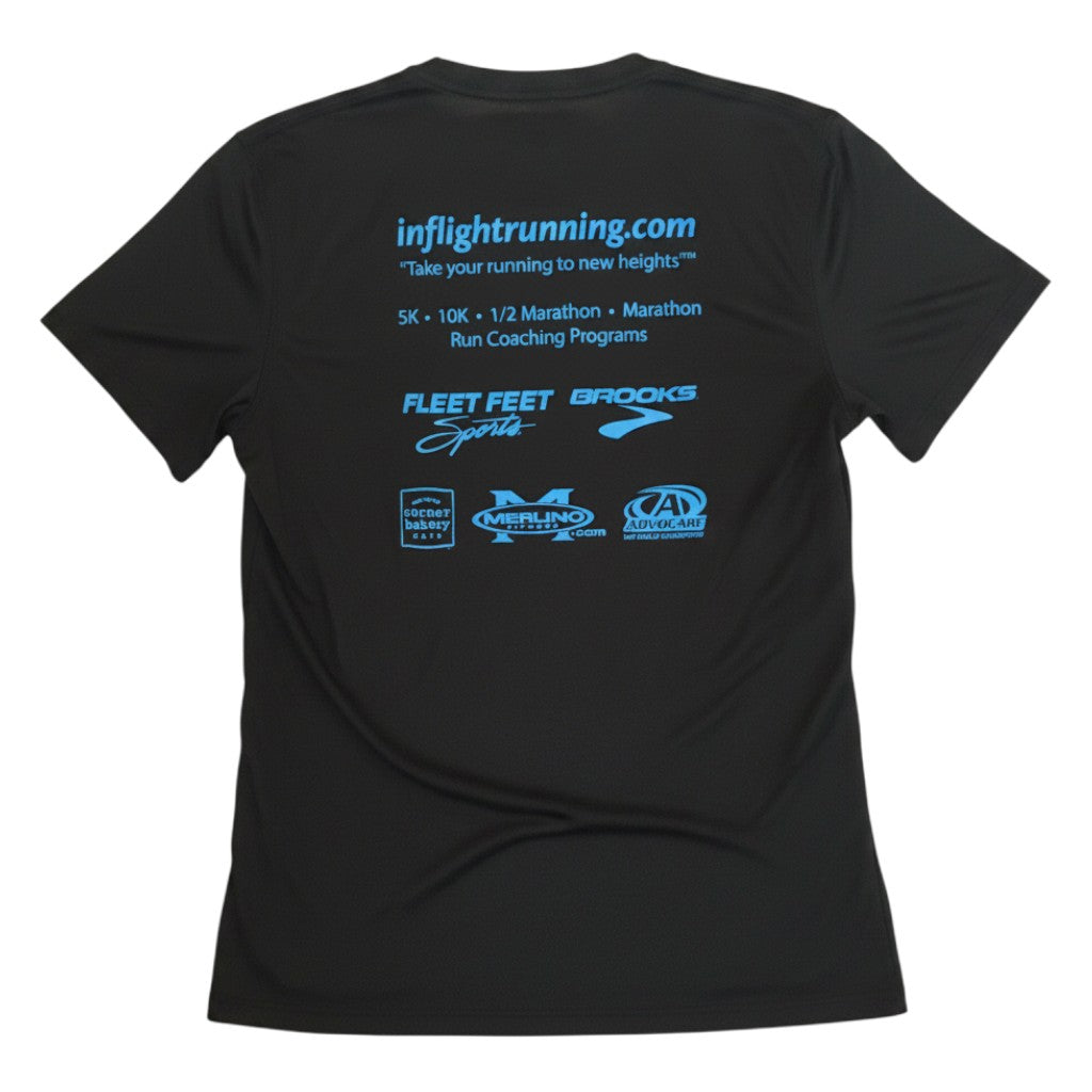 In Flight Running black 100% polyester moisture-wicking men's running t-shirt with sponsor logos on back.