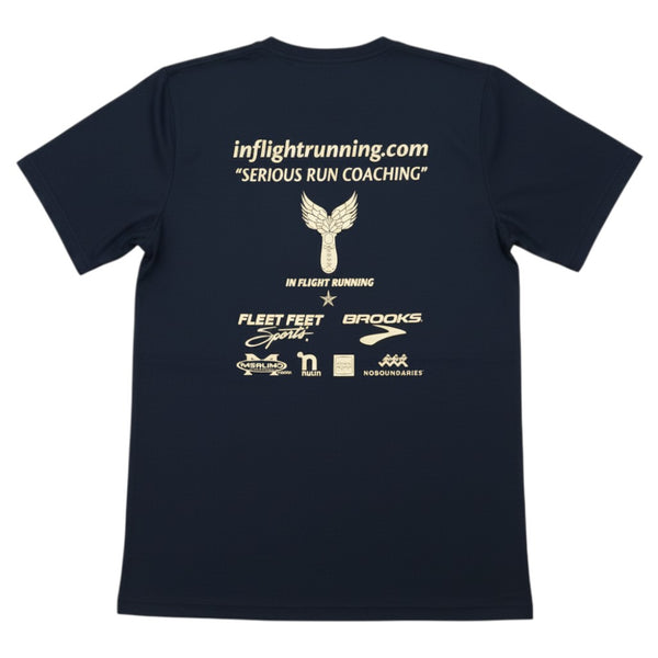 In Flight Running black polyester men's t-shirt with winged runners logo and sponsor logos.