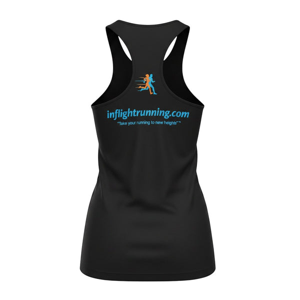 In Flight Running black polyester racerback running tank with logo and tagline on back.