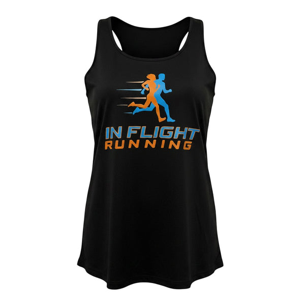 In Flight Running black polyester racerback tank top with graphic of two runners and brand name.