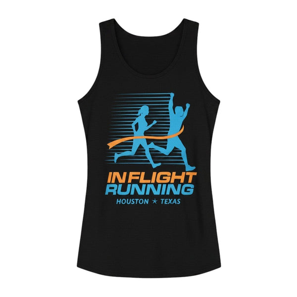 In Flight Running black polyester moisture-wicking men's running tank with retro logo and graphic.