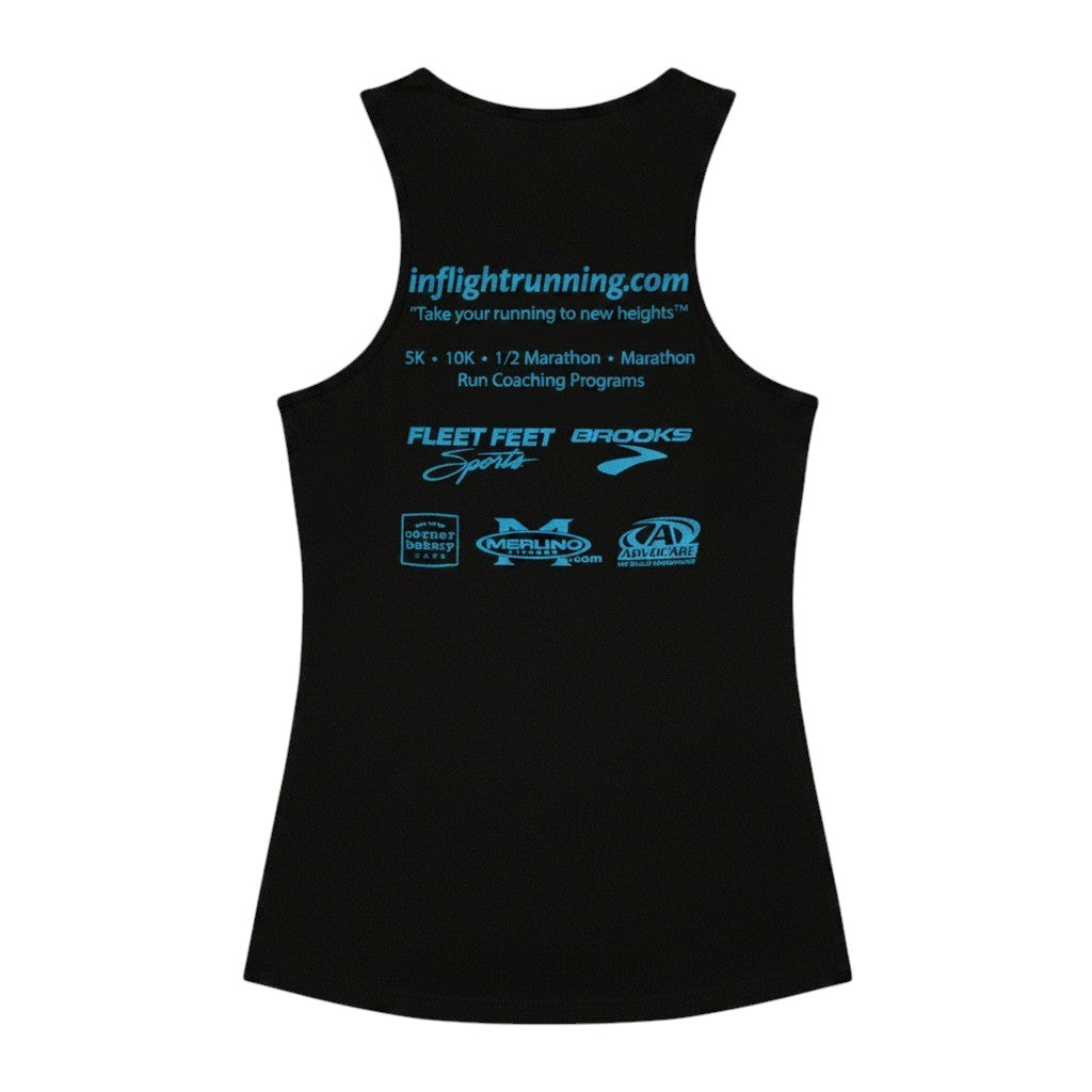 In Flight Running black 100% polyester moisture-wicking running tank with retro logo and sponsor logos.