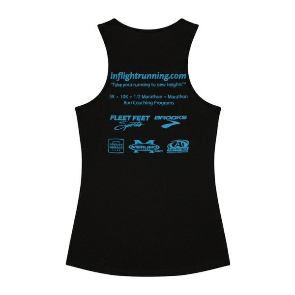 In Flight Running black 100% polyester moisture-wicking running tank with retro logo and sponsor logos.