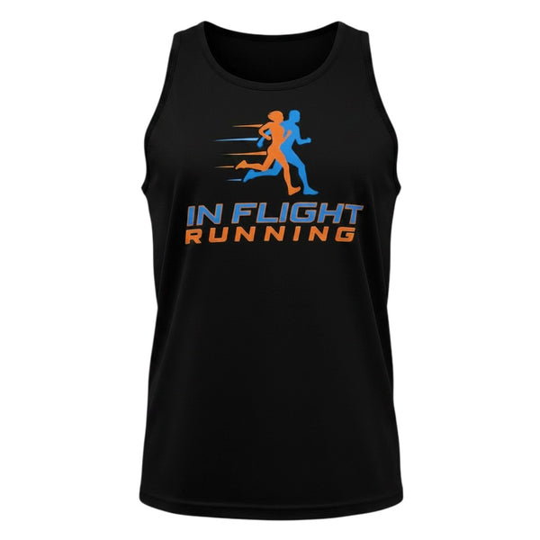 In Flight Running black polyester men's running tank with graphic logo and text on front.