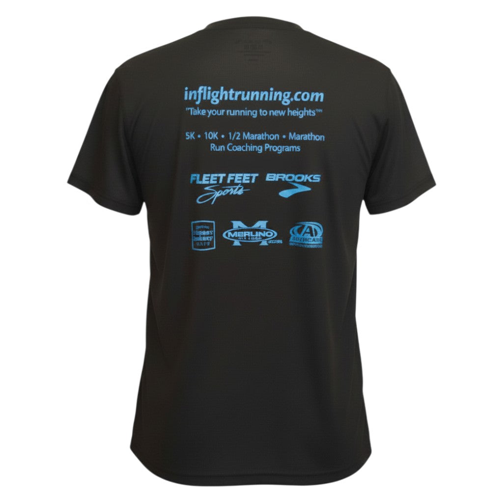 In Flight Running black 100% polyester women's running t-shirt with retro logo and sponsor details.