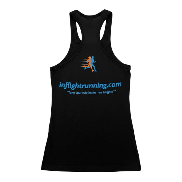 In Flight Running black tri-blend racerback tank top with moisture-wicking fabric and a drop tail hem.