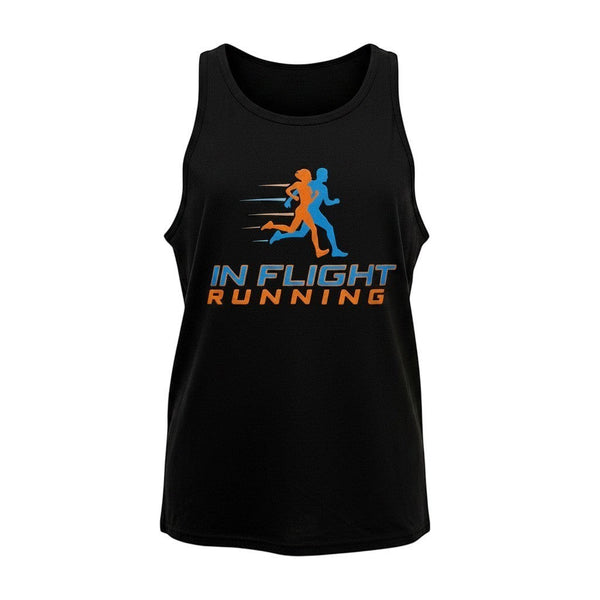 In Flight Running black tri-blend men's running tank with graphic of two runners and text logo.
