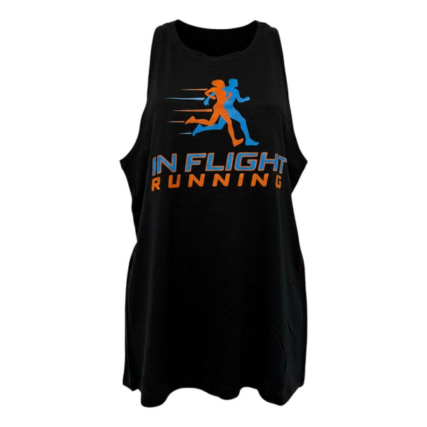 In Flight Running black tri-blend racerback tank top for women with graphic logo. Moisture-wicking and soft.