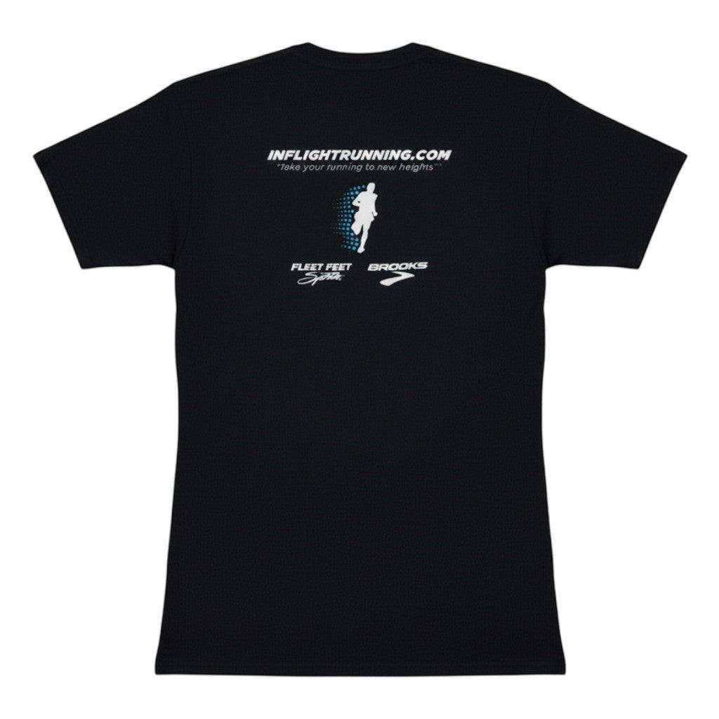 In Flight Running black cotton poly blend t-shirt with original logo and sponsors on back.