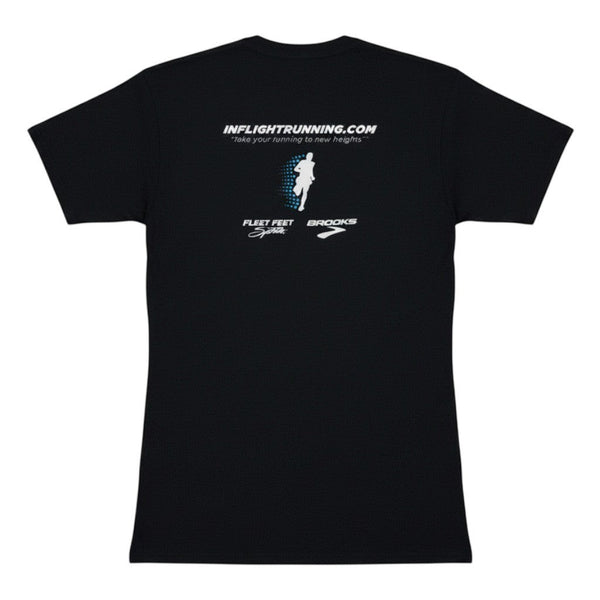 In Flight Running black cotton poly blend t-shirt with original logo and sponsors on back.