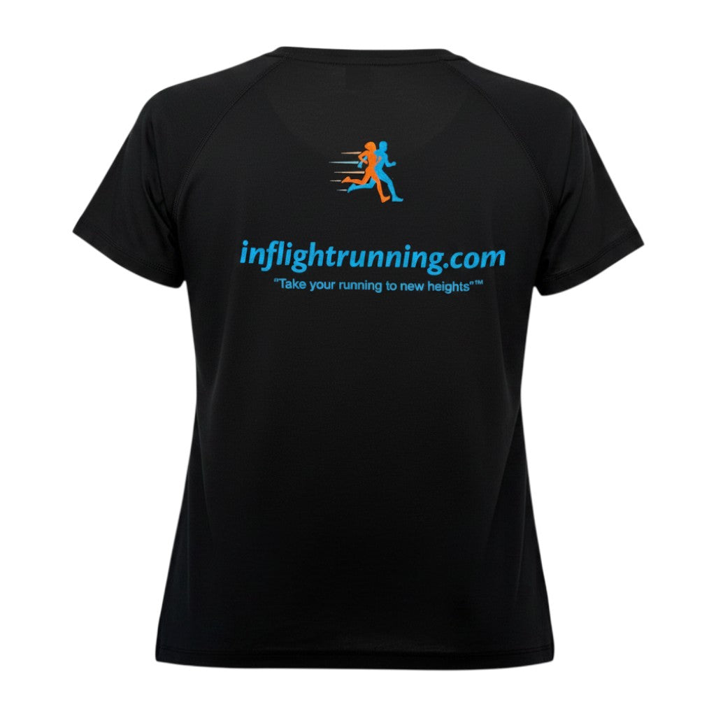 In Flight Running black moisture-wicking women's running t-shirt with scoop neck and logo on back.