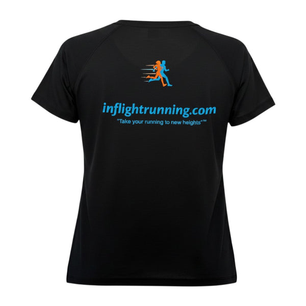 In Flight Running black moisture-wicking women's running t-shirt with scoop neck and logo on back.