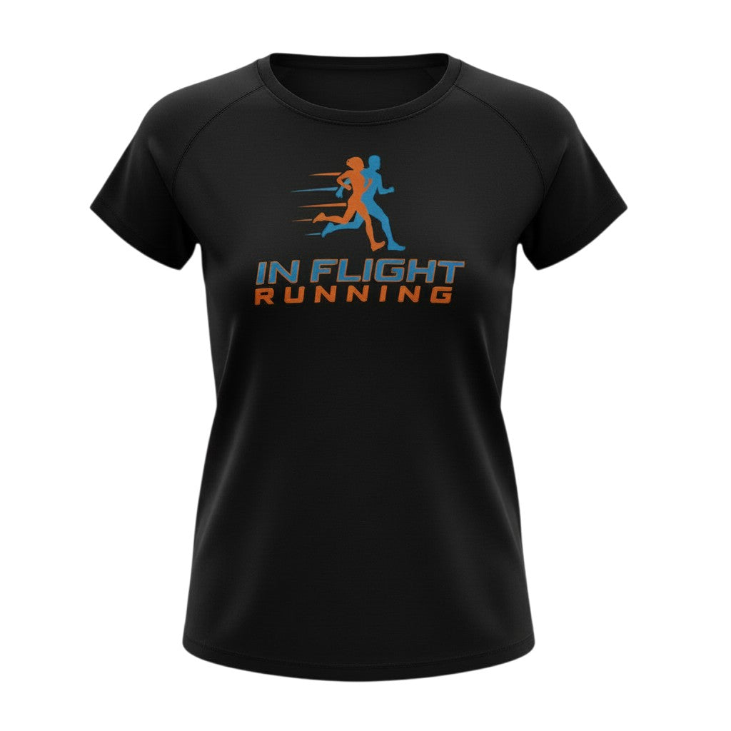 In Flight Running black women's short-sleeve running t-shirt with scoop neck and graphic logo.