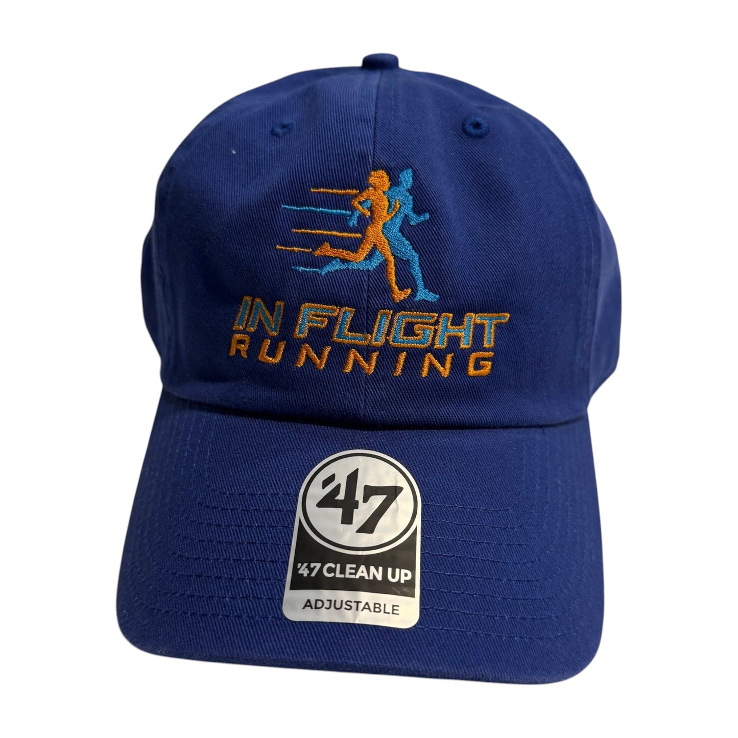 In Flight Running blue cotton twill unstructured cap with embroidered logo and adjustable strap