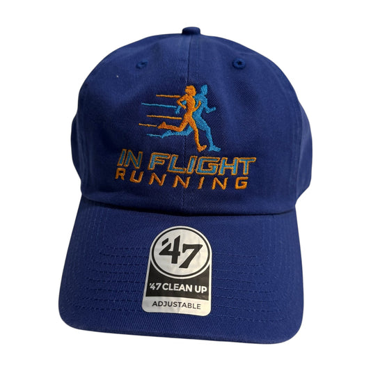 In Flight Running blue cotton twill unstructured cap with embroidered logo and adjustable strap