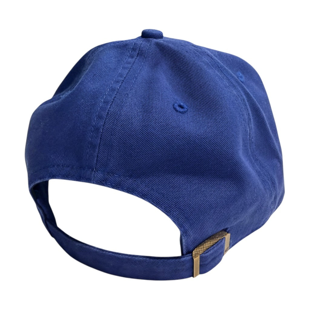 In Flight Running blue cotton twill unstructured baseball cap with adjustable buckle closure.