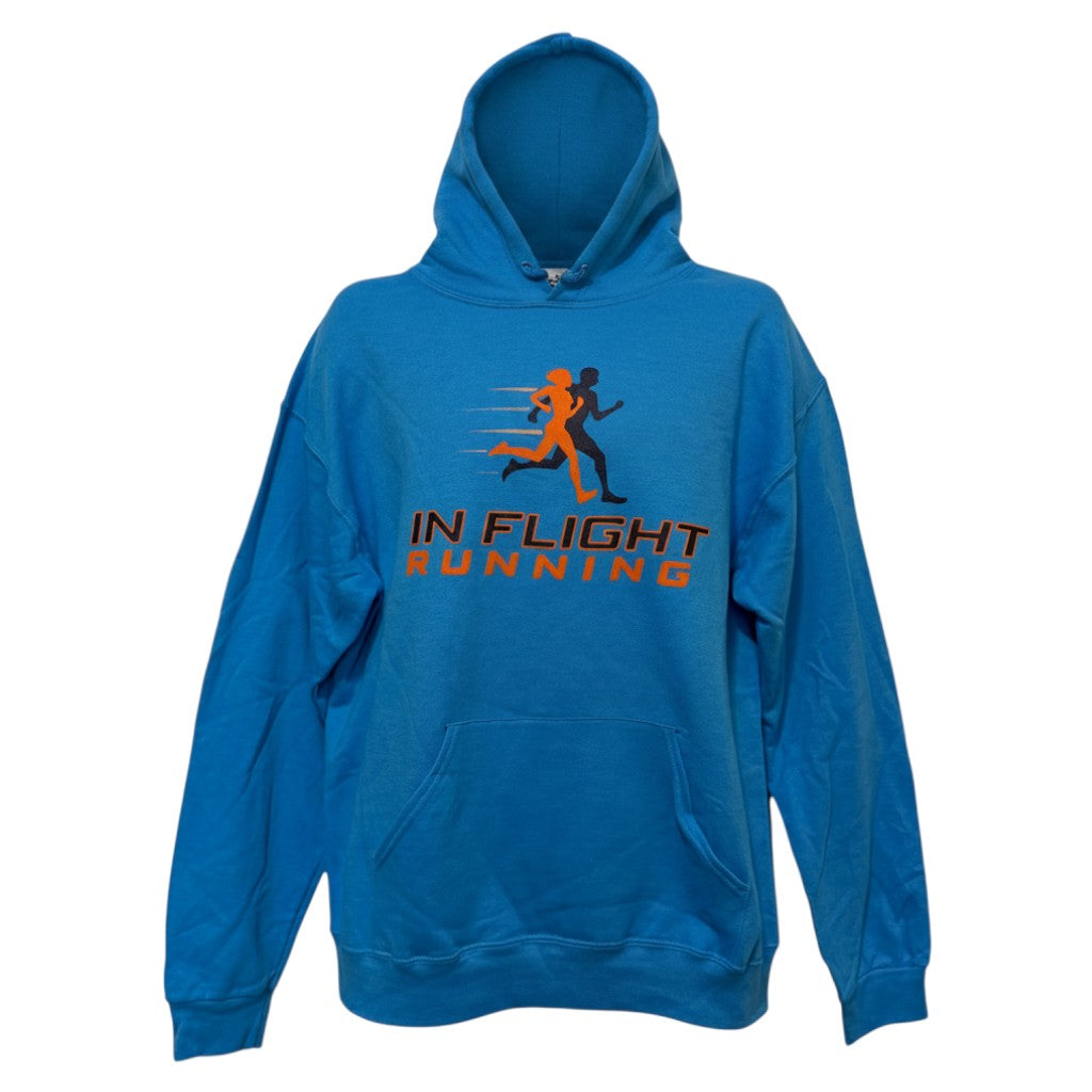 In Flight Running blue cotton/poly blend fleece hoodie with graphic logo on front. Features a hood, pouch pocket, and drawcords.