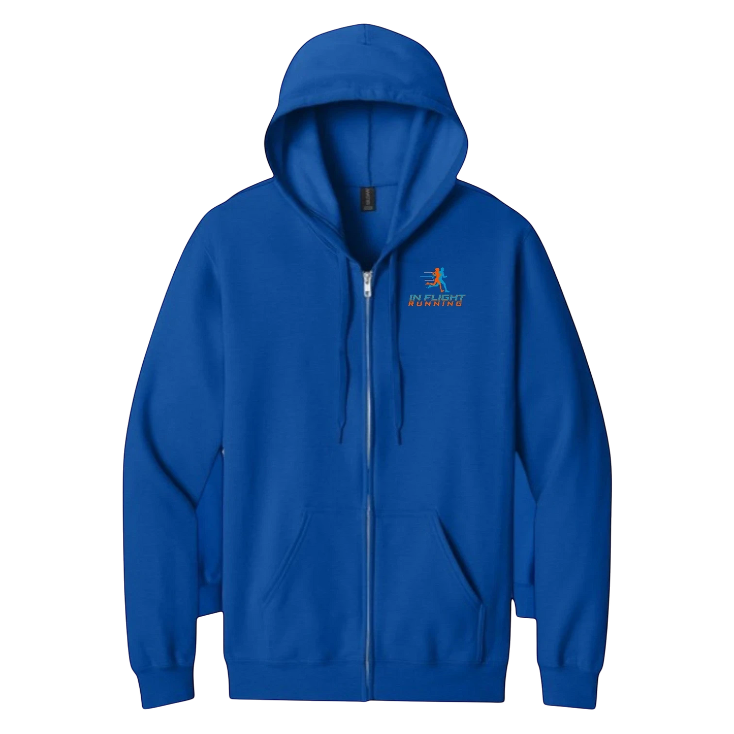 In Flight Running blue full-zip fleece hoodie with logo on chest. Features a hood, pockets, and relaxed fit.