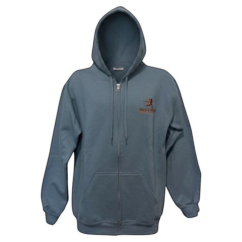 In Flight Running blue fleece full-zip hoodie with embroidered logo on chest. Features front pockets and hood.